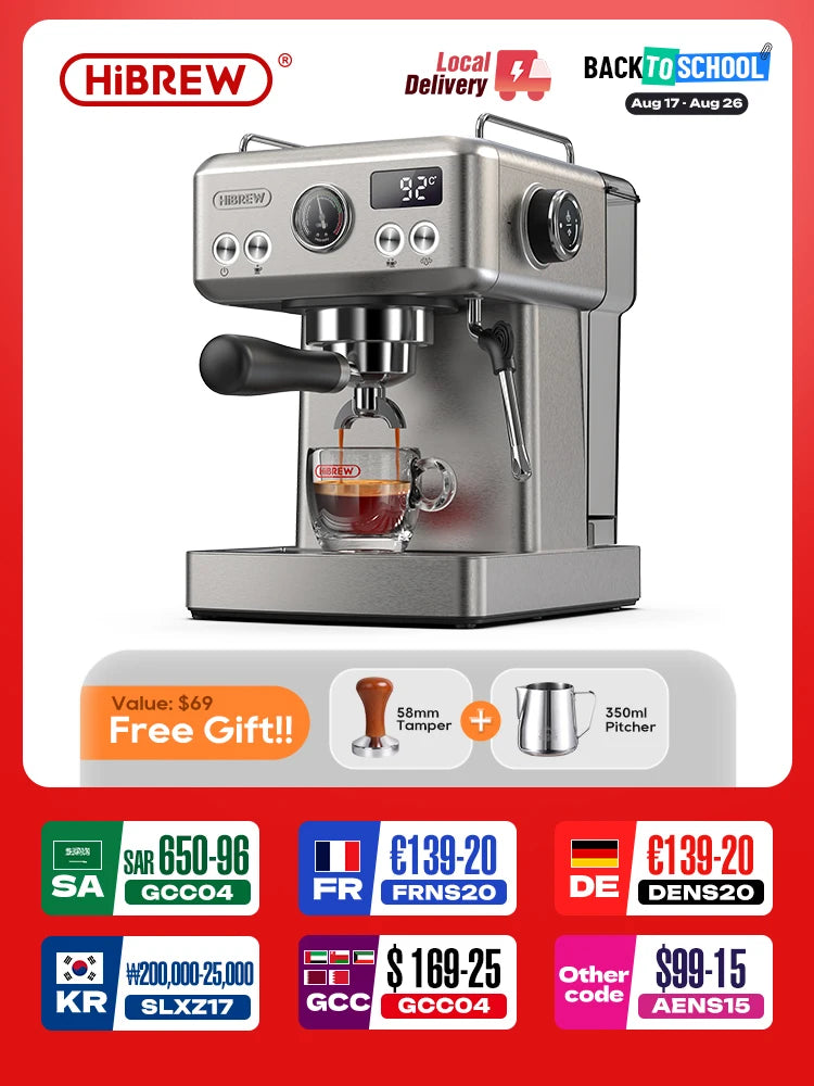 HiBREW 20Bar Semi Automatic Espresso Coffee Machine Temperature Adjustable 58mm Portafilter Cold/Hot Coffee Maker Metal CaseH10A