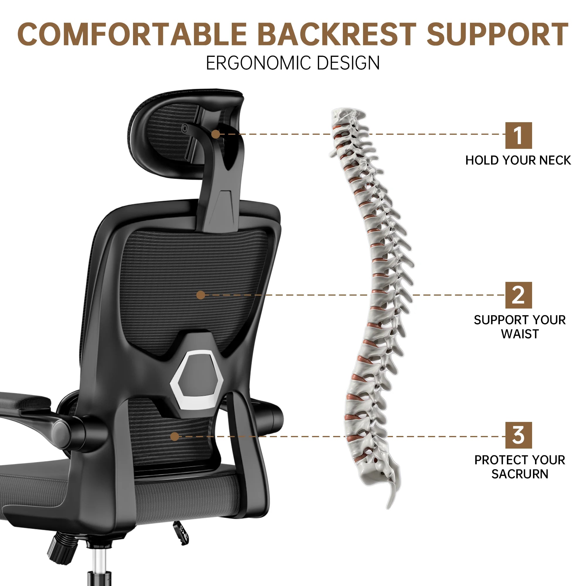 Ergonomic Office Chair with Lumbar Support, Home Office Desk Computer Chairs Adjustable Headrest and Flip-up Armrests