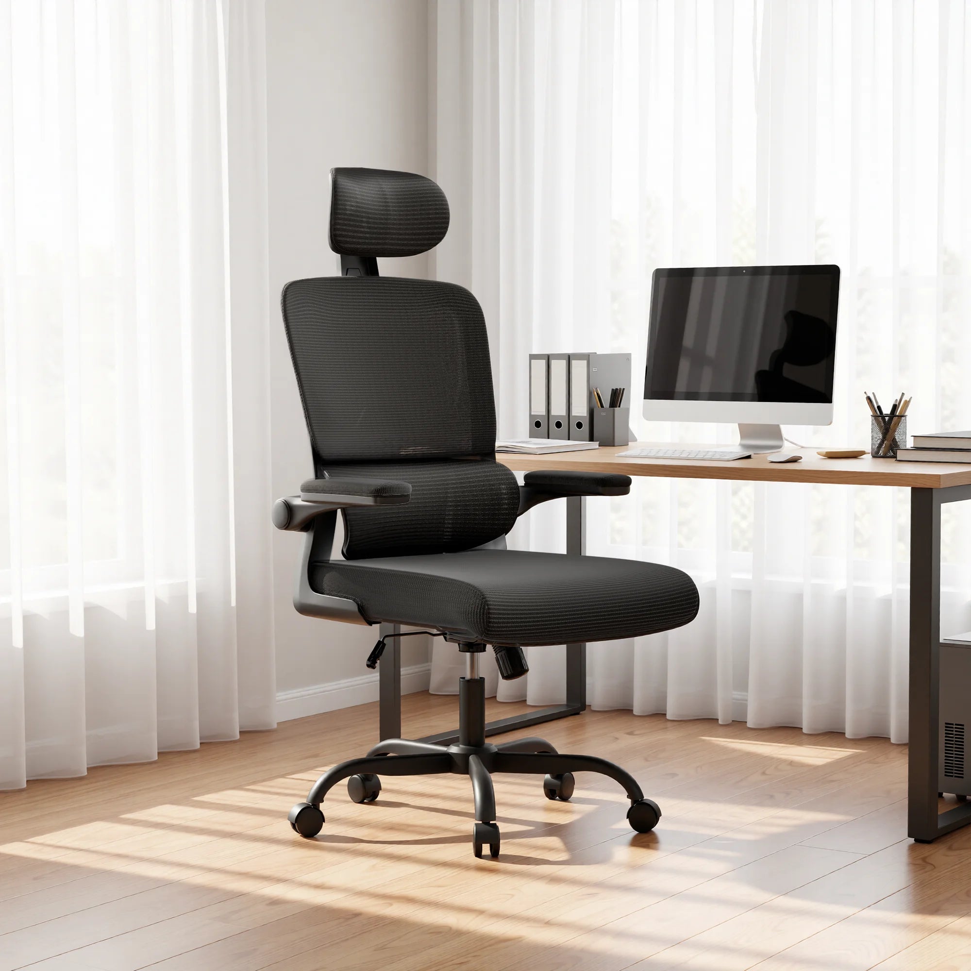 Ergonomic Office Chair with Lumbar Support, Home Office Desk Computer Chairs Adjustable Headrest and Flip-up Armrests