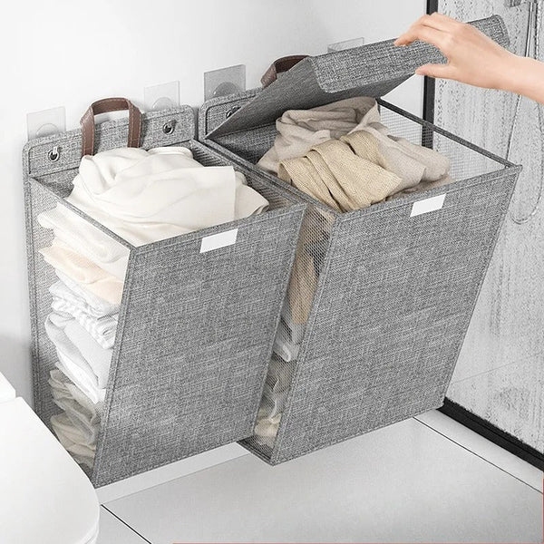 Wallora | Foldable Adhesive Laundry Basket | Wall-Mounted Clothes Hamper & Organiser